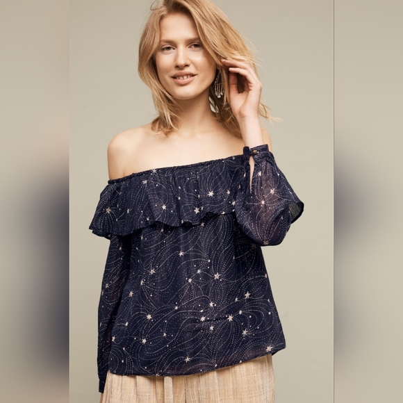Anthropologie Floret Starlit Off-The-Shoulder Top in BLUE MOTIF - Picture 3 of 9